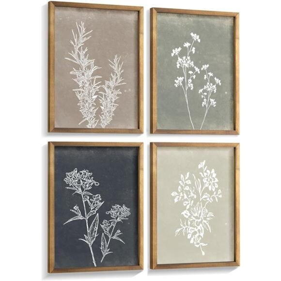 Framed Boho Wall Art Set of 4 for Wooded Minimalist Botanical Print Wall Art - Picture 1 of 8